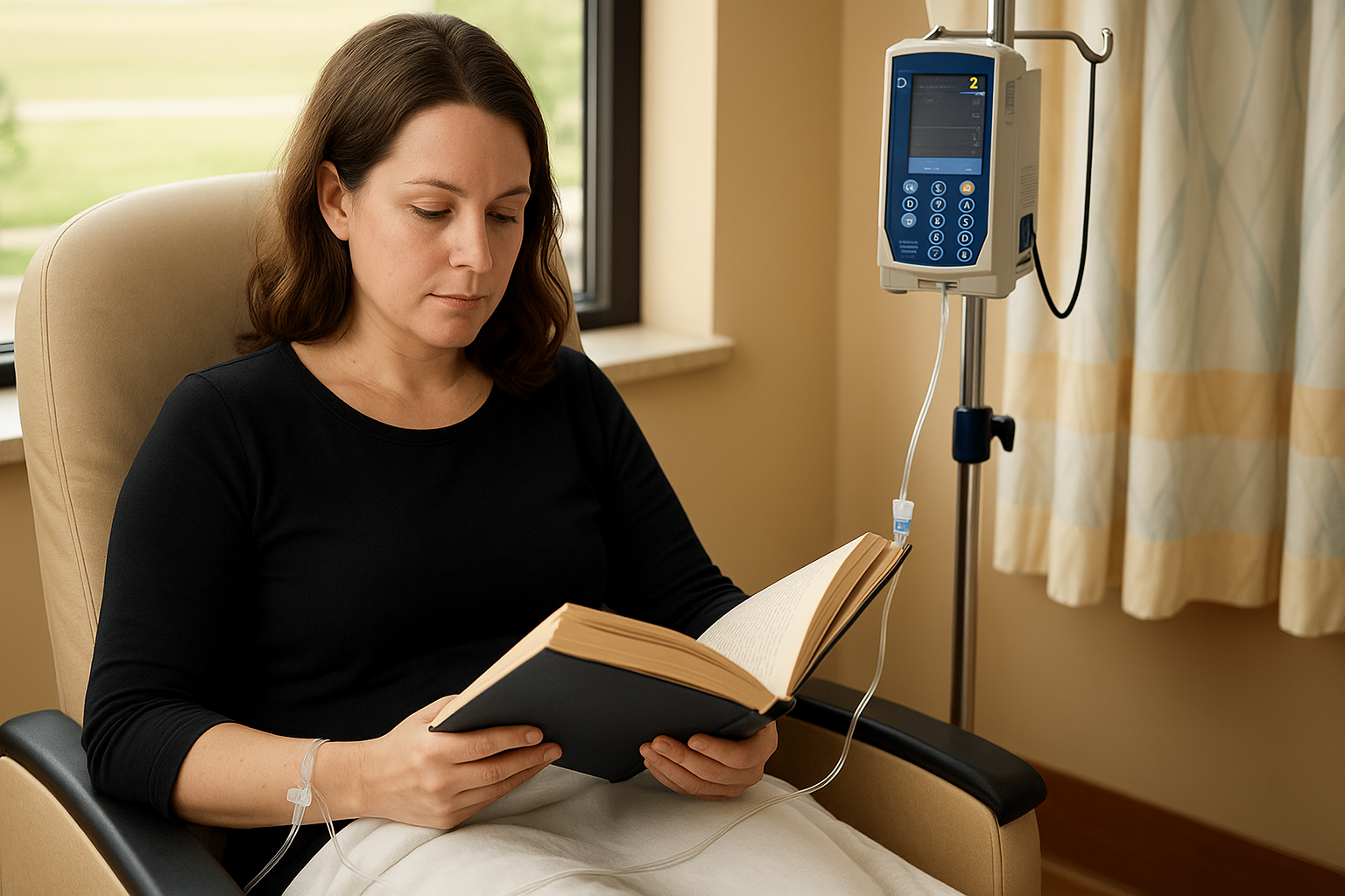 woman reading book in infusion recovery room alemtuzumab LEMTRADA