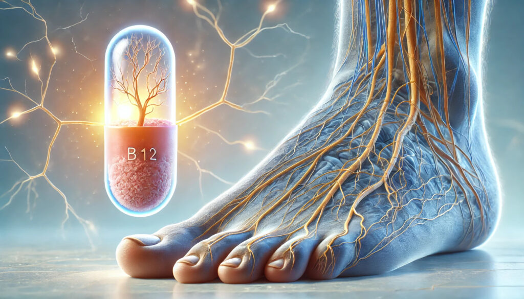 detailed image of nerves in foot with vitamin B12 capsule