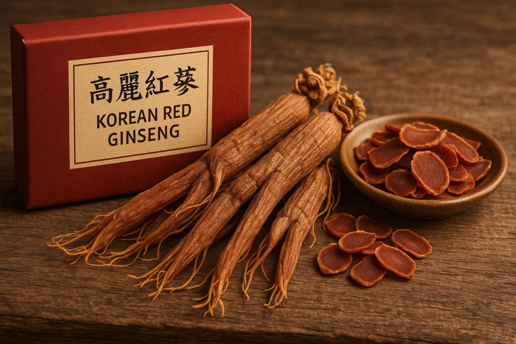 A box labeled "Korean Red Ginseng" alongside three roots of dried ginseng and a small bowl of sliced ginseng on a wooden surface. The roots and slices have a reddish-brown color.